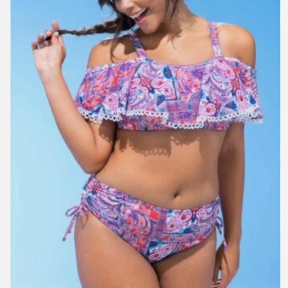 Swimsuits For All Paisley Ruffle Bikini Multicolour Size 18 New With Tags!